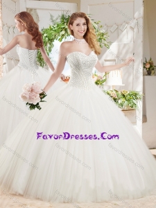 White Ball Gown Sweetheart Court Train Beaded Sweet 16 Dress in Tulle