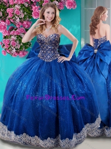 Unique Ball Gown Sequins Bowknot and Beaded Royal Blue Quinceanera Gowns with Sweetheart
