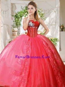 Romantic Puffy Skirt Beaded and Applique Exquisite Quinceanera Dress in Coral Red