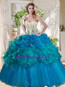 Elegant Beaded and Ruffled Really Puffy Popular Quinceanera Gown in Teal and Blue