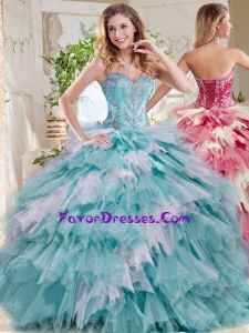 Popular Beaded and Ruffled Big Puffy New Style Quinceanera Dress in Blue and White