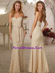 Exclusive Spaghetti Straps Beaded and Ribboned Bridesmaid Dress in Champagne