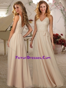 Luxurious V Neck Champagne Long Bridesmaid Dress with Beading and Belt
