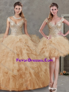 Off the Shoulder Champagne Detachable Quinceanera Dresses with Beading and Ruffles