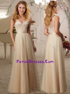 Classical Applique Tulle Champagne Bridesmaid Dress with Deep V Neck