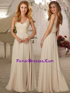 Classical Deep V Neck Champagne Bridesmaid Dress with Lace and Beading