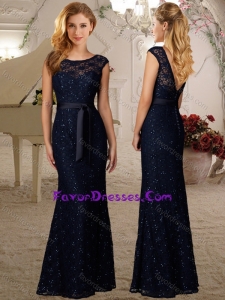 Elegant Cap Sleeves Column Laced Bridesmaid Dress with Beading and Belt
