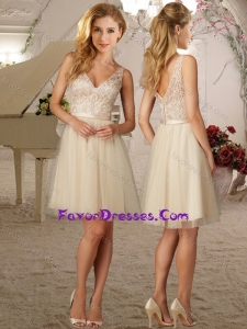 Fashionable Deep V Neck Champagne Short Bridesmaid Dress with Appliques