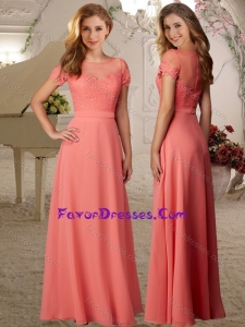 Fashionable See Through Bateau Watermelon Bridesmaid Dress with Lace