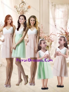 Fashionable V Neck Handle Made Flower Bridesmaid Dress in Apple Green and White