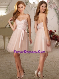 Lovely Spaghetti Straps Short Bridesmaid Dress with Belt and Appliques