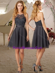 See Through A Line Scoop Grey Bridesmaid Dress with Criss Cross