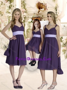 Elegant Empire Straps Purple Bridesmaid Dresses with Ruching and Belt