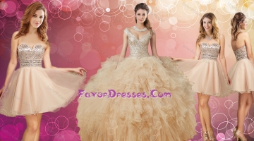 Elegant V Neck Ruffled Quinceanera Dress and Fashionable Sequined A Line Dama Dress in Champagne