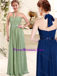 Popular Halter Up Floor Length Bridesmaid Dress with Sashes and Ruching
