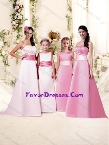 Popular Sashed and Ruched Empire Bridesmaid Dress with Brush Train