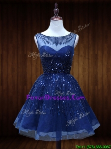 Stylish See Through Beaded Short Prom Dress in Royal Blue