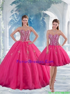 2015 Detachable Sweetheart Hot Pink Sequins and Appliques Prom Dresses