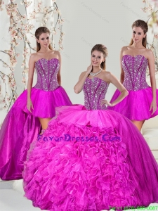 2015 Spring Detachable and Modern Hot Pink Sweet 16 Dresses with Beading and Ruffles