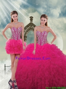 2015 Unique and Detachable Beading and Ruffles Dresses For Quince in Hot Pink