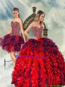 Detachable and Modern Beading and Ruffles Multi Color Quince Dresses for 2015