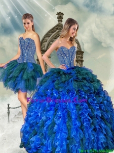 2015 Detachable and Pretty Beading and Ruffles Quince Dresses in Royal Blue and Teal