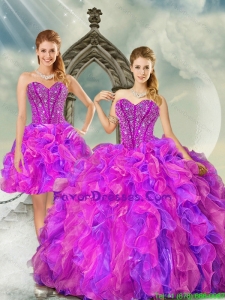 2015 Detachable and Unique Fuchsia and Lavender Quince Dresses with Beading and Ruffles