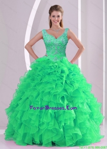 2015 Western Spring Green Quinceanera Dresses with Beading and Ruffles