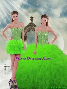 Detachable and Unique Beading and Ruffles Spring Green Dresses for Quinceanera