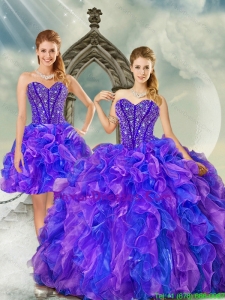 Detachable and Western Beading and Ruffles Quince Dresses in Purple and Blue for 2015