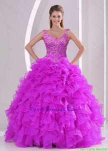 Pretty Fuchsia Quince Dresses with Beading and Ruffles