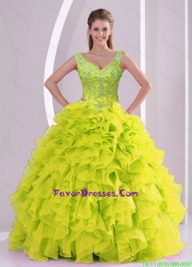 Trendy and Western Beading and Ruffles Yellow Green Quince Dresses for 2015