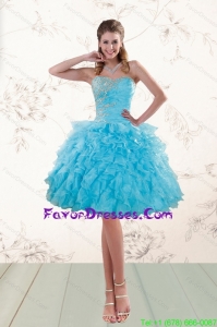 2015 Fashionable Baby Blue Beading Prom Gown with Ruffles