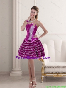 2015 Fuchsia Strapless Prom Dresses with Ruffled Layers and Beading