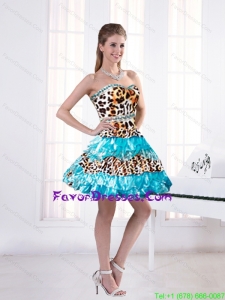 2015 Leopard Printed Sweetheart Beaded Mini length Prom Dresses in Aqua Blue