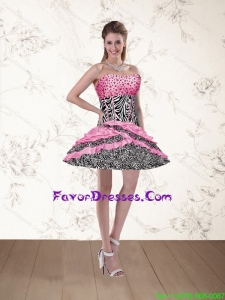 2015 Pink Beaded Zebra Printed Strapless Short Prom Dresses with Ruffles and Pick Ups