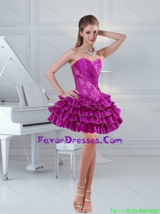 Fuchsia Short Sweetheart Ruffled Layers Beading Prom Dresses