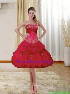 Popular Strapless Beading and Ruffles 2015 Prom Dresses in Red