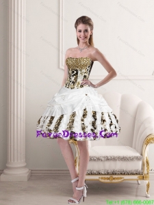 Unique Leopard Printed Ruffles Strapless Puffy White Prom Dresses
