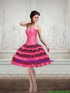 2015 Ball Gown Printed Strapless Ruffled Prom Dresses in Hot Pink and Black