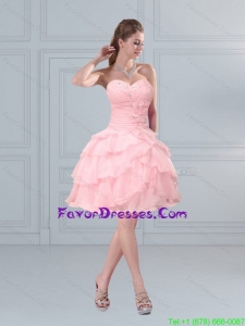 2015 Cute Baby Pink Sweetheart Beadind Prom Gown with Ruffled Layers