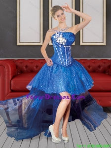 2015 Cute Puffy Strapless High Low Blue Prom Dresses with Beading
