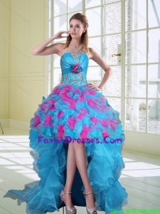 2015 High Low Strapless Ruffles Prom Dresses with Hand Made Flower