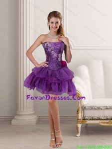 Beautiful Purple Strapless 2015 Prom Dresses with Beading and Ruffles