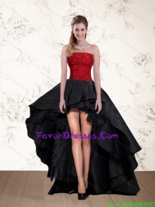 Cheap High Low Strapless Beaded Prom Dresses in Red and Black