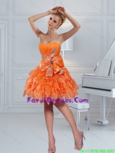 2015 Orange Strapless Prom Dresses with Ruffles and Bowknot