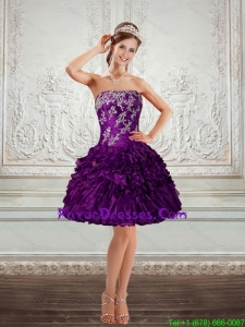 2015 Beautiful Purple Strapless Prom Dresses with Embroidery and Ruffles
