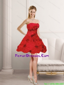 2015 New Style Red Strapless Prom Dresses with Beading and Hand Made Flower