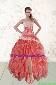 2015 Perfect High Low Ruffled Strapless Prom Dresses in Watermelon