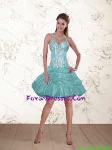 2015 Popular Halter Top Beading Prom Dresses in Aqua Blue